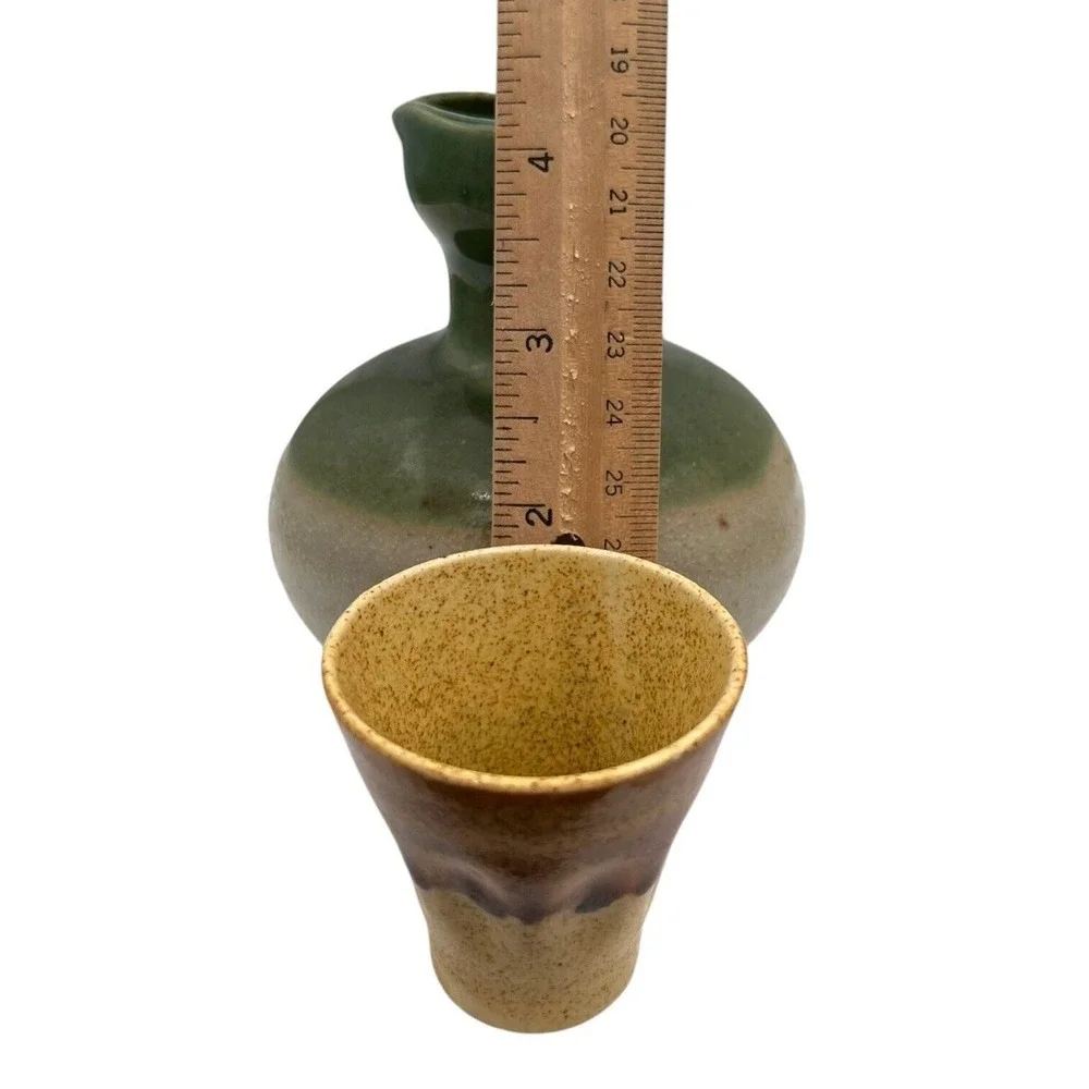 Japanese Pottery Stoneware Sake Set Carafe Two Cups Earth Tone Sage Green Tan
